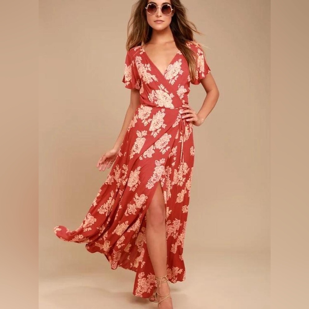 Lulus Heart of Marigold Rust Red Floral Wrap Maxi Dress, NWT, size L adjustable